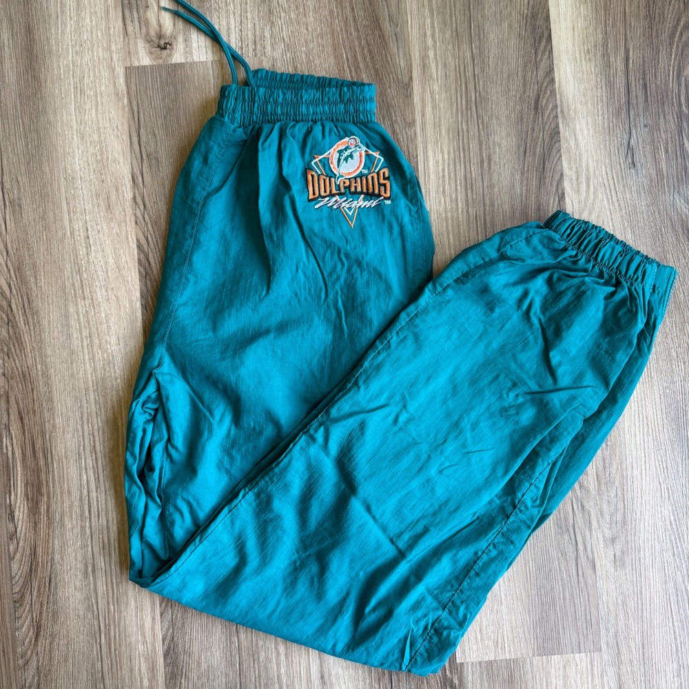 Vintage Logo 7 Miami Dolphins Teal Nylon Track Pants 90s NFL Windbreaker